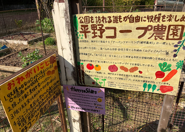 コミュティ農園の入口に掲げられた看板。誰でも入れることや収穫物は自己責任で自由に食べていいことが書かれている（画像提供／新保奈穂美さん）